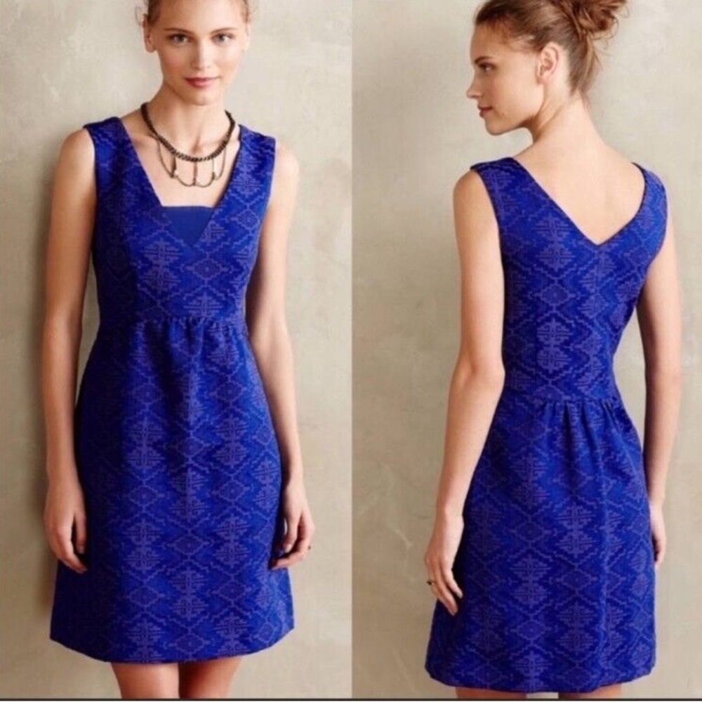 MAEVE - ANTHROPOLOGIE | Blue Purple Averie Jacquard Aztec Fit & Flare Dress (4)